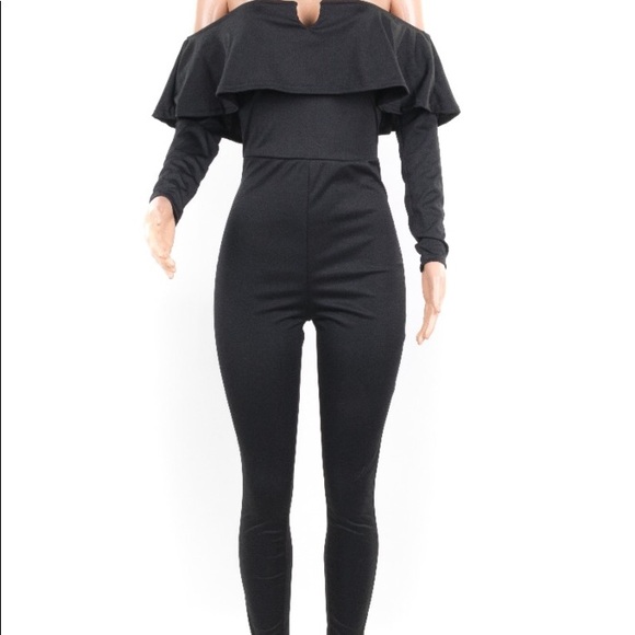 Ruffle Off Shoulder Black Jumpsuit - Picture 5 of 7